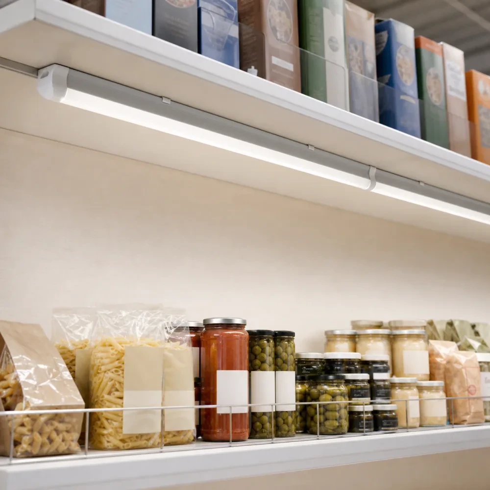 New Lights surface-mounted T8 integrated LED fixtures illuminating retail shelves