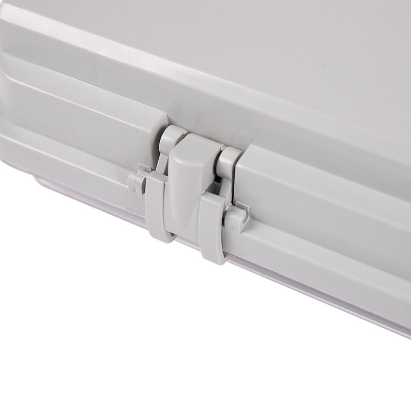 Close view of locking clips on a New Lights replaceable-tube tri-proof housing