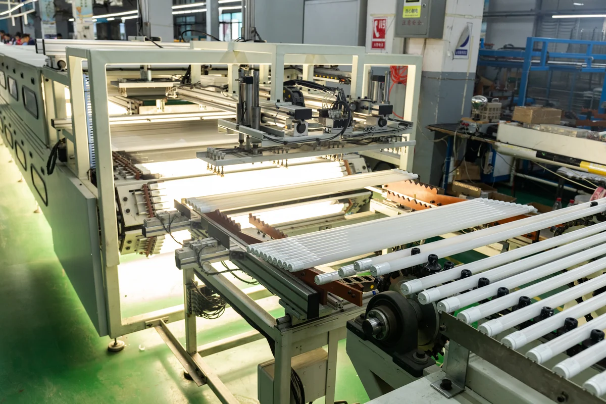 Rows of linear tubes operating on a New Lights aging and testing rack.