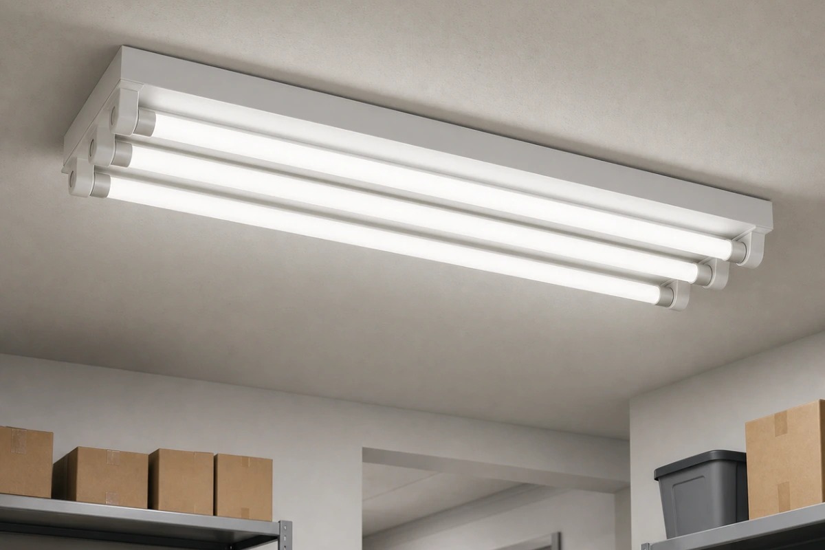 New Lights Type B T8 LED tubes installed in a warehouse-style linear fixture