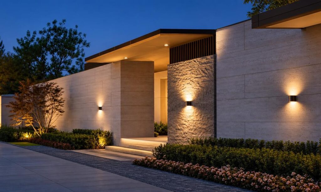 Outdoor wall and entrance lighting at night