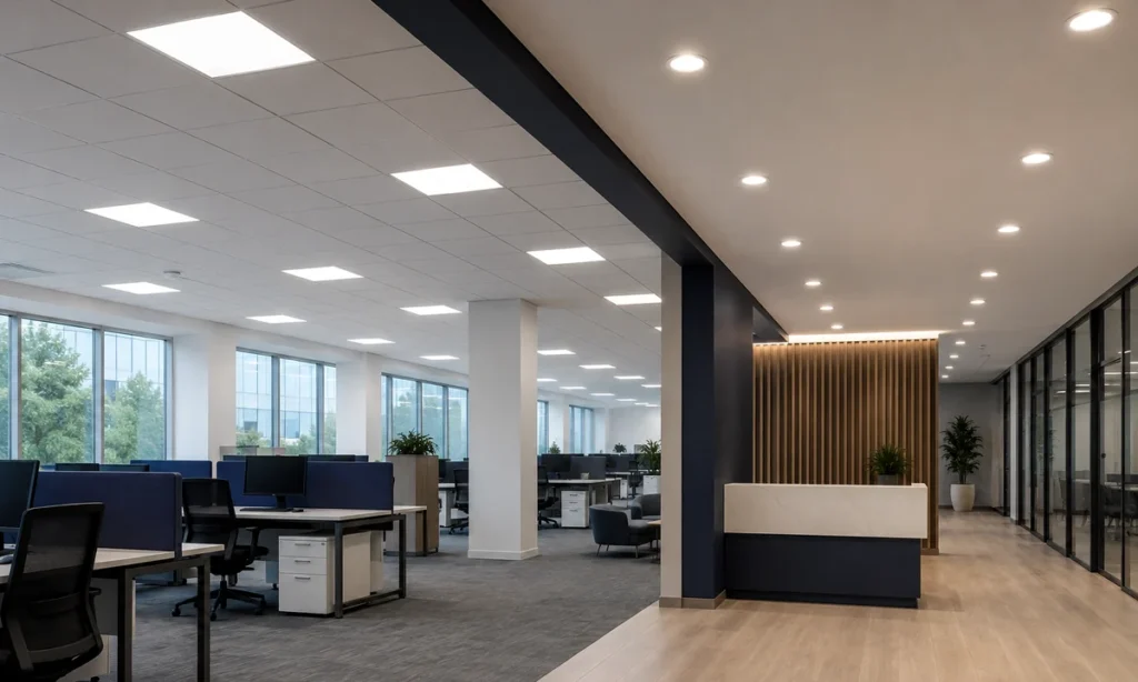 Office with panel lights over workstations and downlights over reception