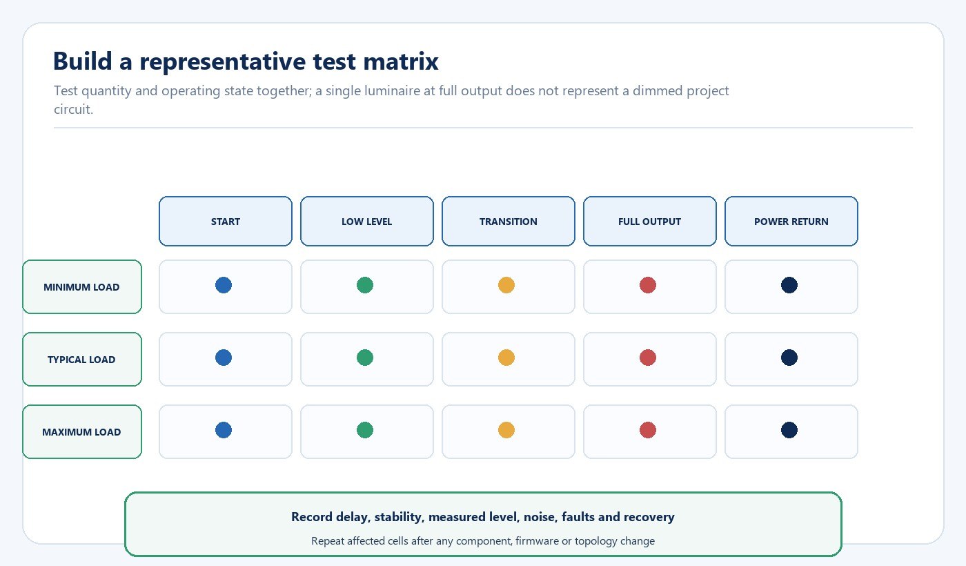 Matrix for testing minimum typical and maximum lighting loads across startup low level transitions full output and power recovery