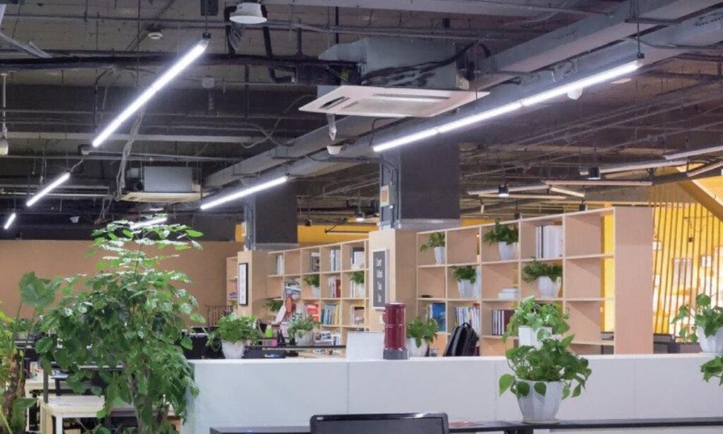 Linear luminaires installed above an indoor workspace