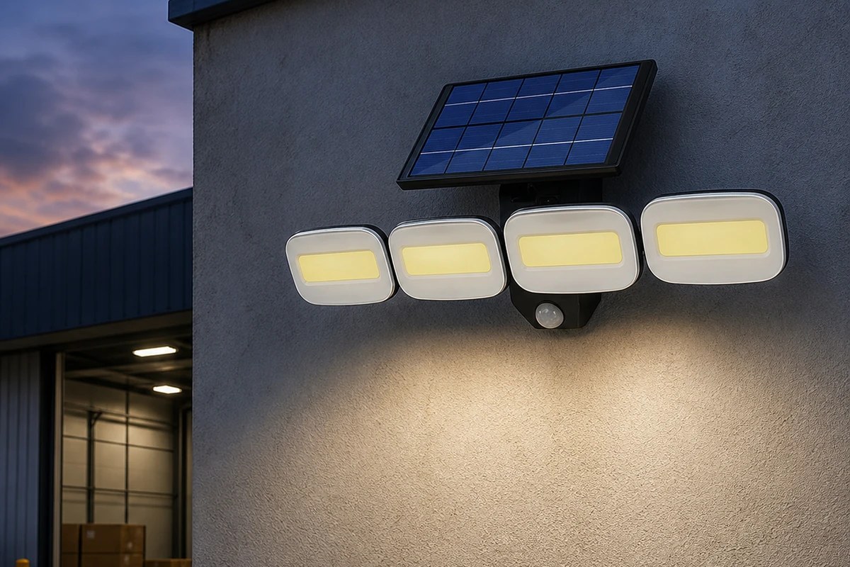 Solar flood light installed on an exterior wall at dusk