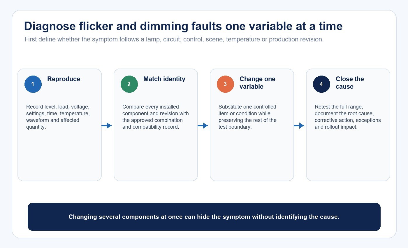 LED spotlight flicker diagnosis workflow using controlled single-variable tests