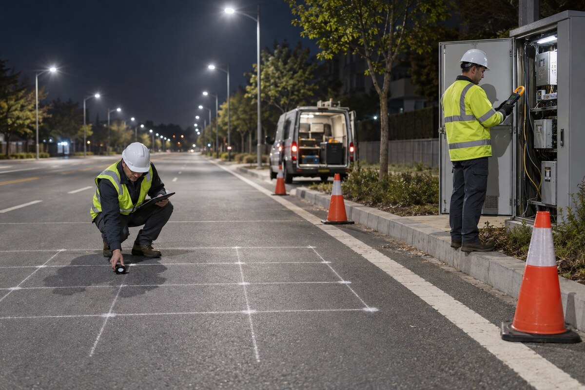 Technicians measuring roadway illuminance and electrical input during street-light verification
