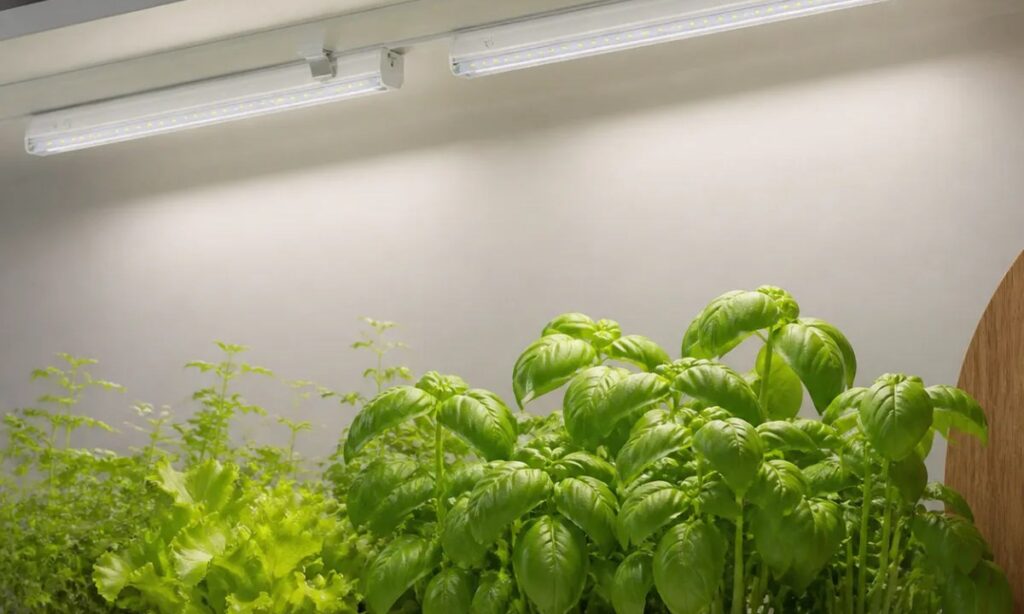 T5 integrated LED grow lights illuminating herbs on an indoor shelf