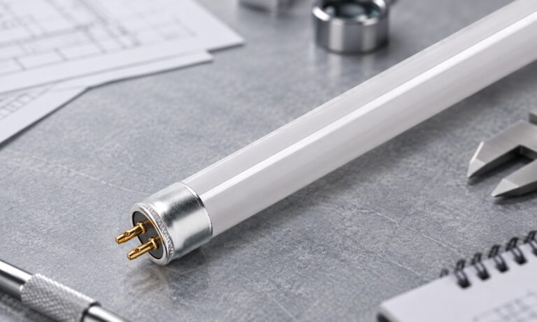 T5 LED tube and G5 end cap on a technical review table