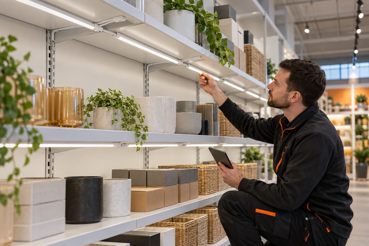 Linked linear fixtures installed beneath retail display shelves during an installation check