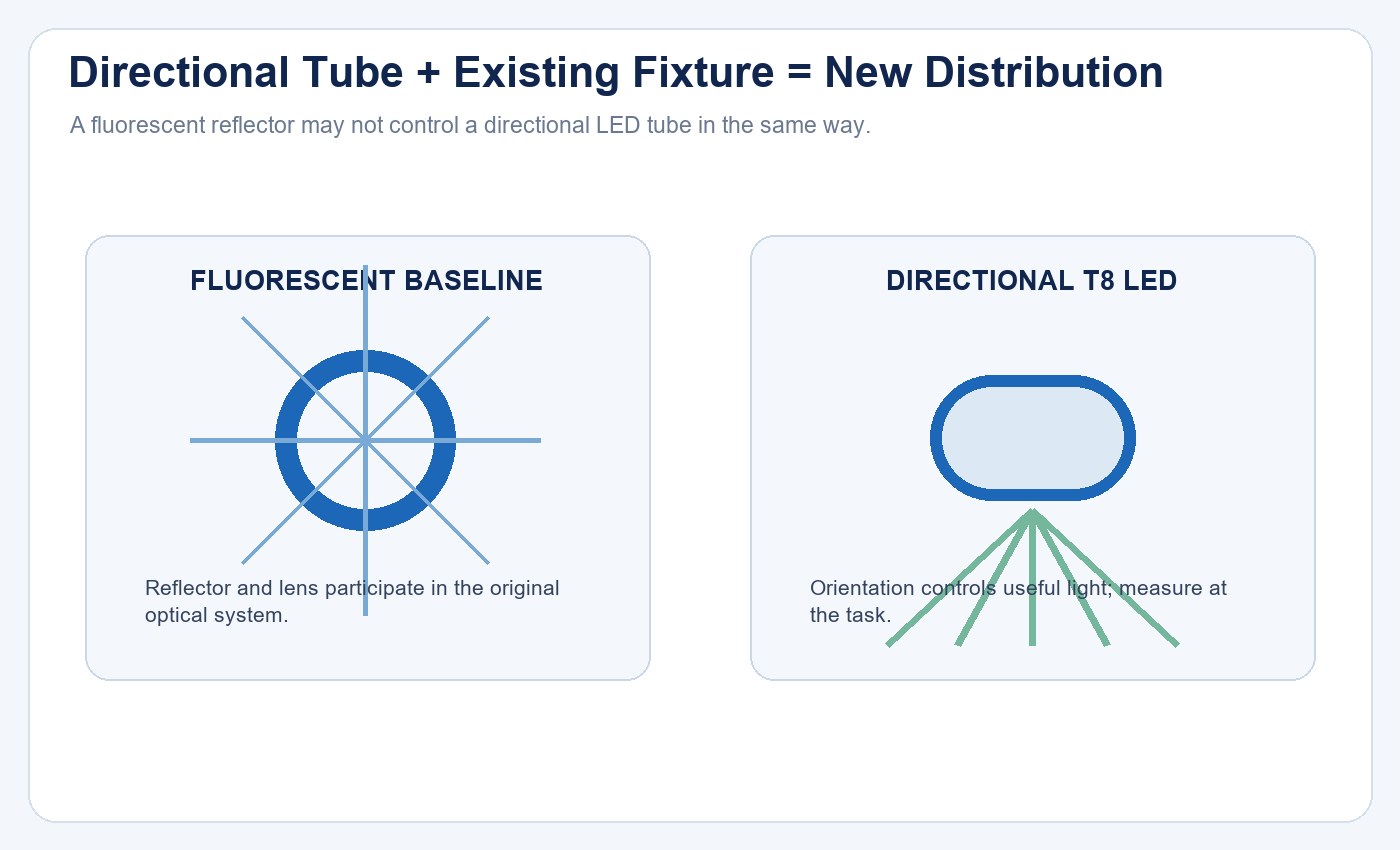 Diagram showing how T8 ALU PC tube orientation and an existing reflector affect useful industrial lighting