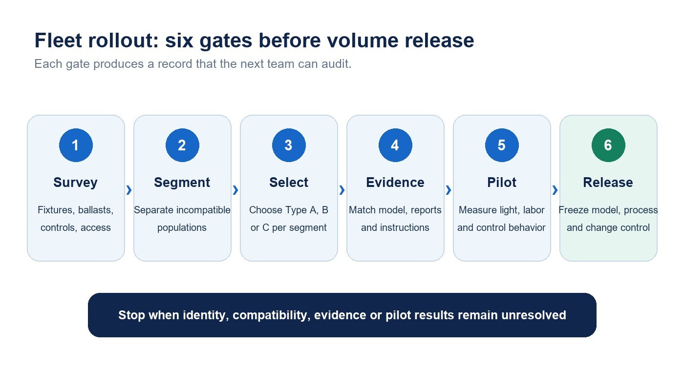 Six-gate workflow for T8 LED retrofit survey selection evidence pilot and release
