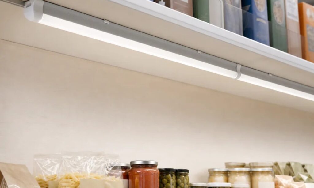 Linked T8 integrated LED fixtures illuminating a retail shelf
