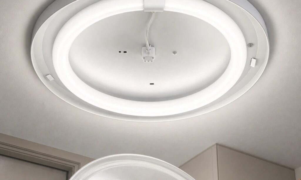 T9 circular LED lamp installed in a round ceiling fixture