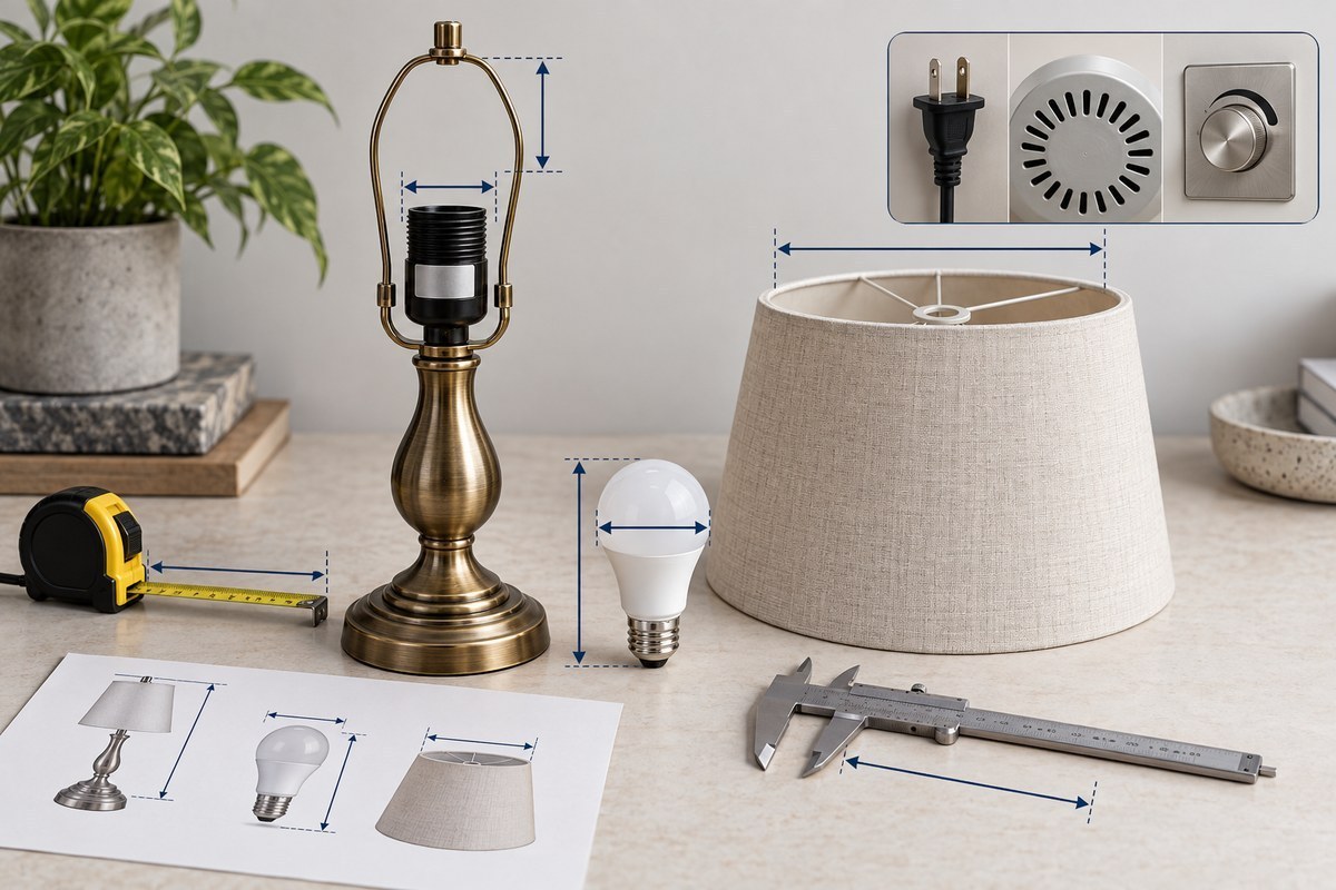 Decorative table lamp, removable LED bulb and shade arranged for socket, diameter, length and clearance checks