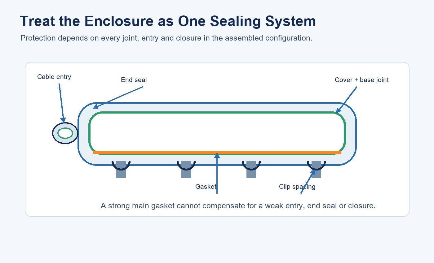 Diagram showing cable entry, end seal, gasket, clip spacing and cover-base joint in a tri-proof enclosure