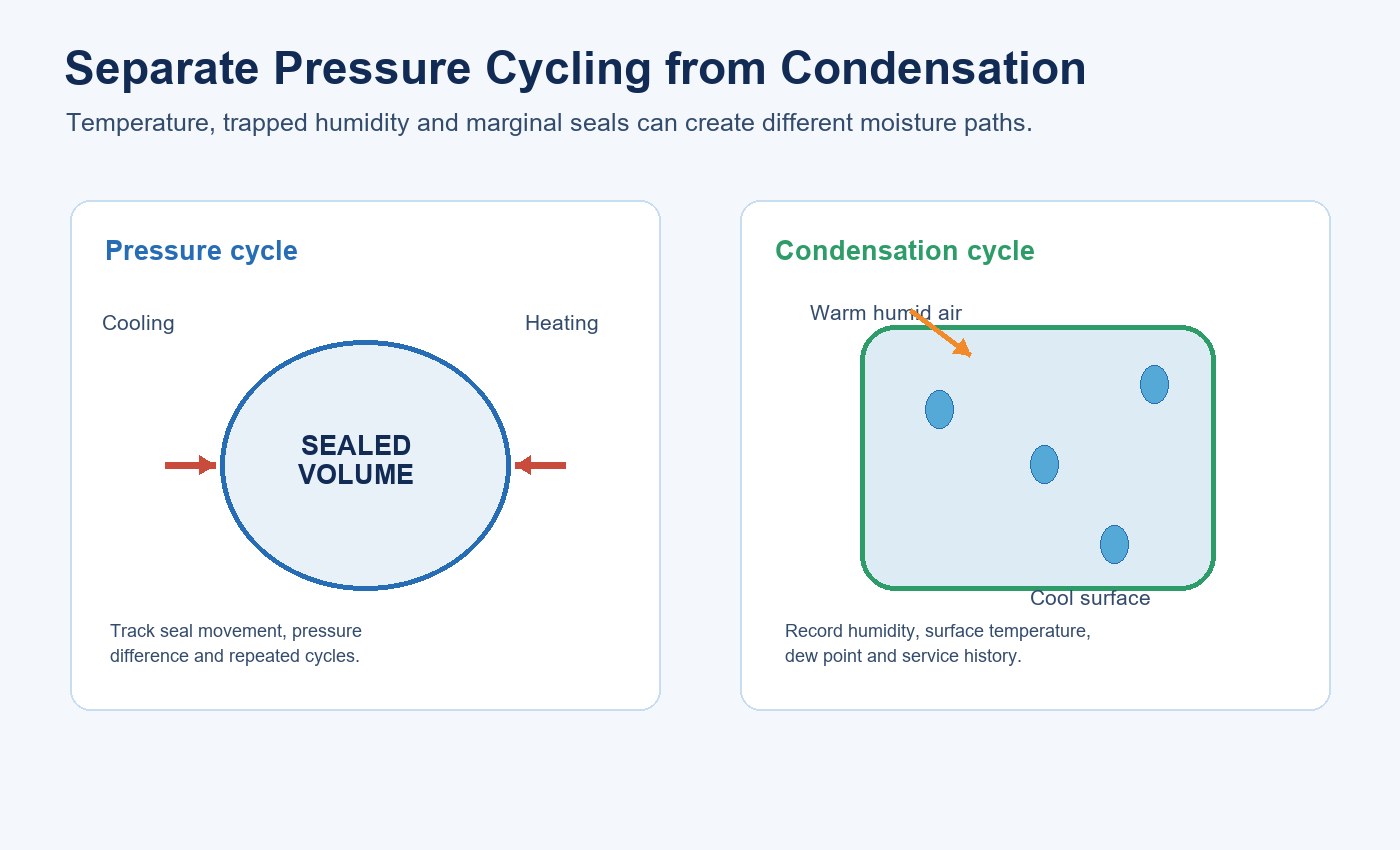 Diagram comparing pressure cycling in a sealed volume with condensation on a cool surface