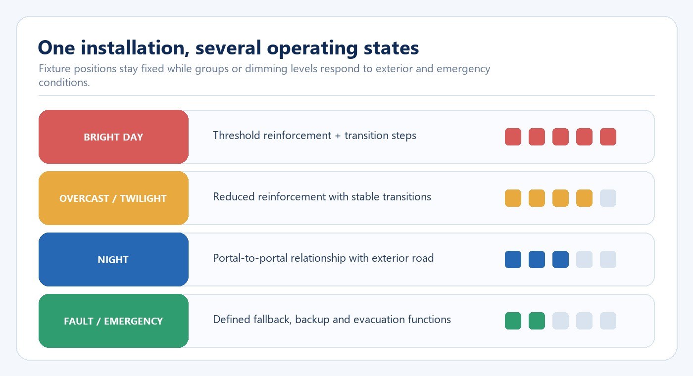 Diagram of bright-day twilight night and emergency tunnel lighting control states