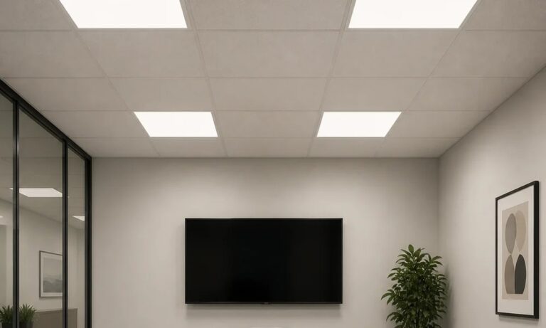 Backlit LED panels installed in a meeting room ceiling