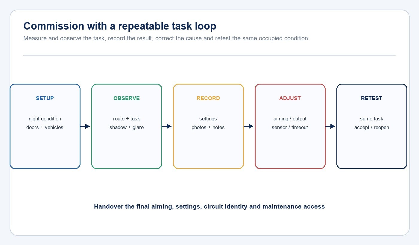 Exterior utility lighting commissioning loop from setup through retest