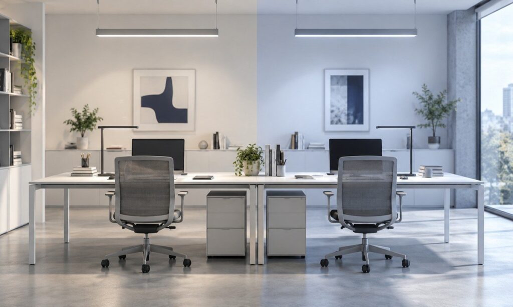Workspace with less cool and cooler daylight-white lighting zones