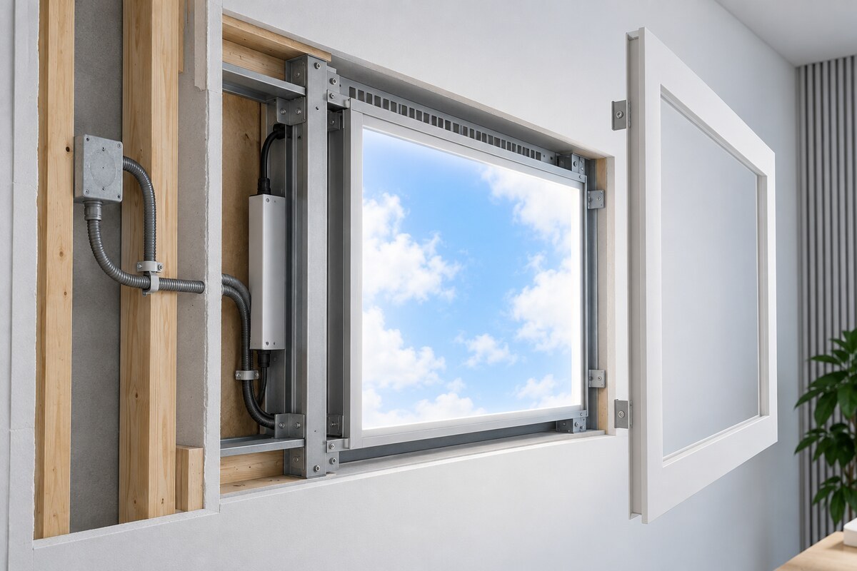 Conceptual interior wall opening with artificial skylight support frame, wiring and removable trim