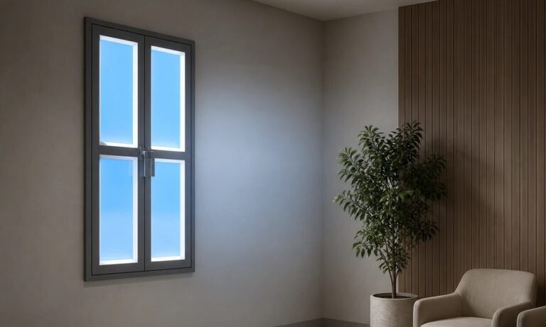 Window-style artificial skylight installed in an interior wall