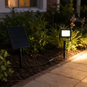 XGYFL-LC-XRSLDC01 separate-panel solar landscape flood light beside a garden path