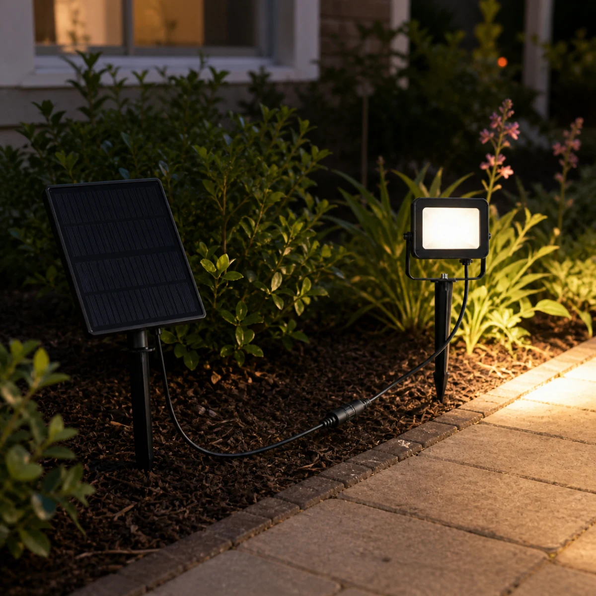 XGYFL-LC-XRSLDC01 separate-panel solar landscape flood light beside a garden path