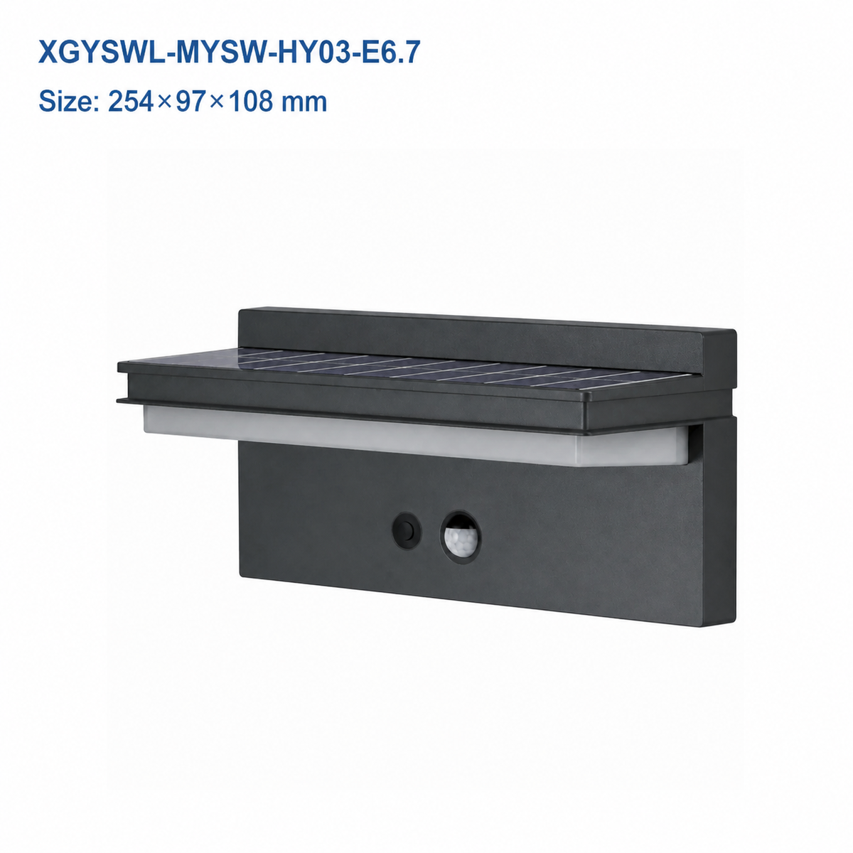 XGYSWL-MYSW-HY03-E6.7 IP65 solar wall light, 254×97×108 mm