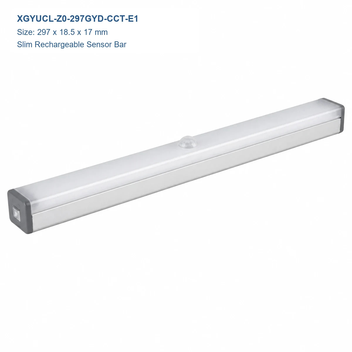 XGYUCL-Z0-297GYD-CCT-E1 slim rechargeable sensor cabinet light, 297 × 18.5 × 17 mm