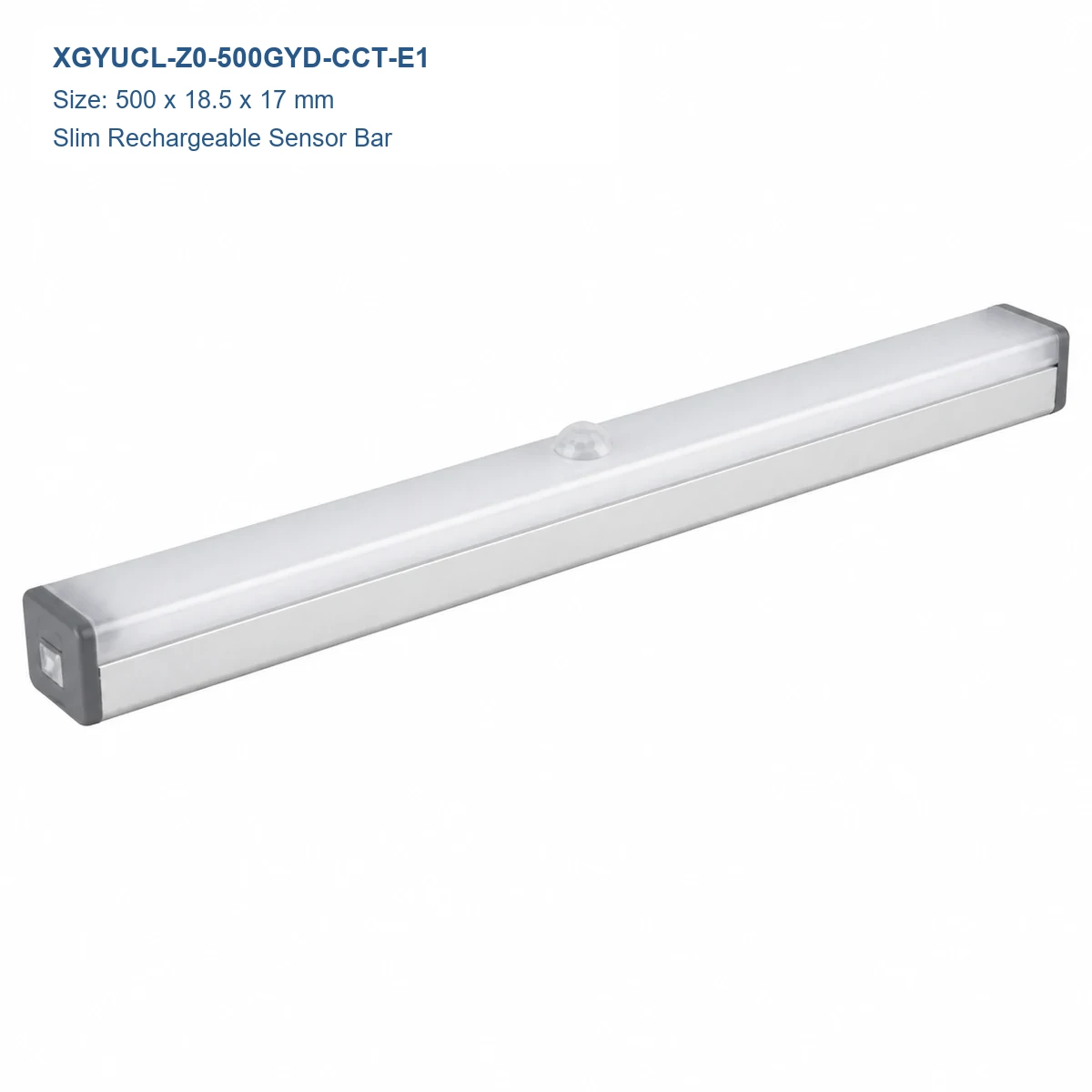 XGYUCL-Z0-500GYD-CCT-E1 slim rechargeable sensor cabinet light, 500 × 18.5 × 17 mm