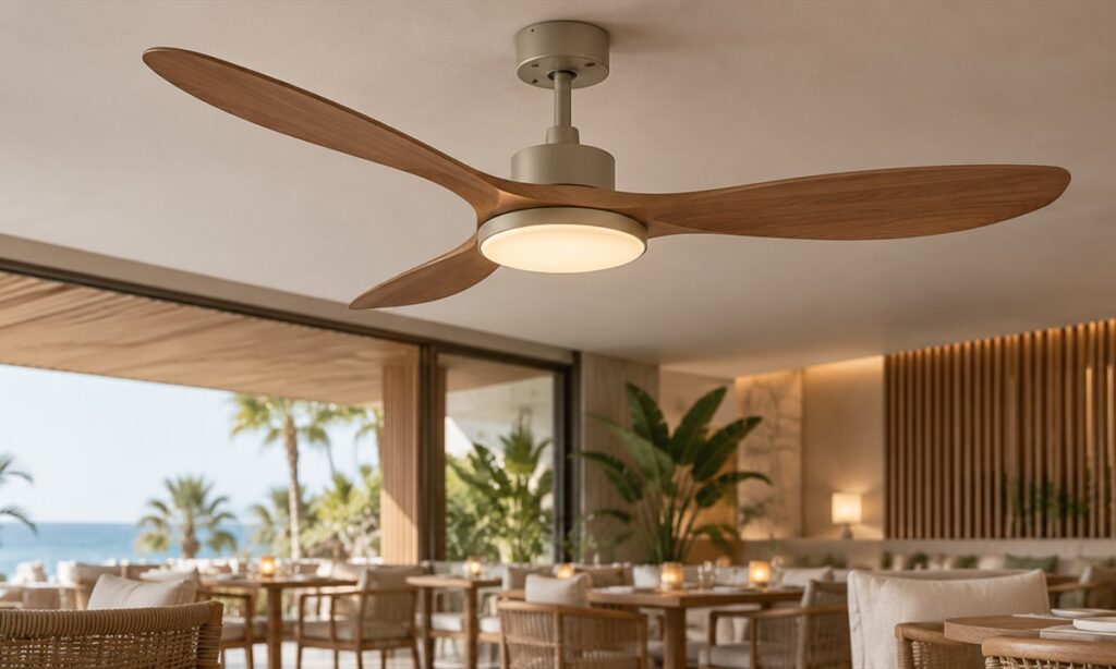 Generic ceiling fan with integrated light in a neutral hospitality interior, illustrating fan-light specification planning.