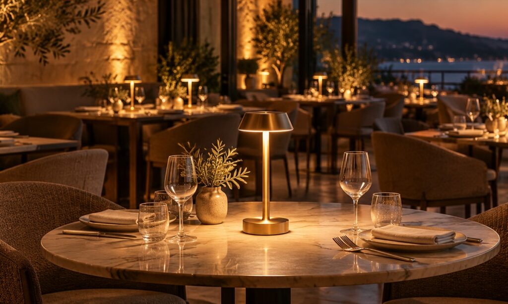 Unbranded cordless table lamps arranged across an empty restaurant, illustrating hospitality fleet planning.