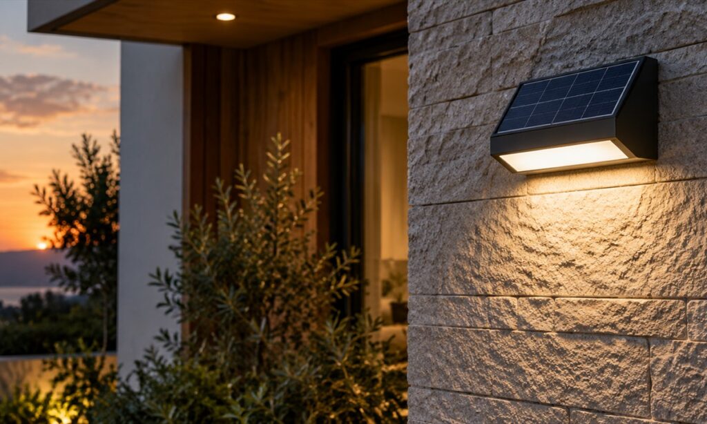Generic solar wall light illuminating a stone exterior wall at dusk.