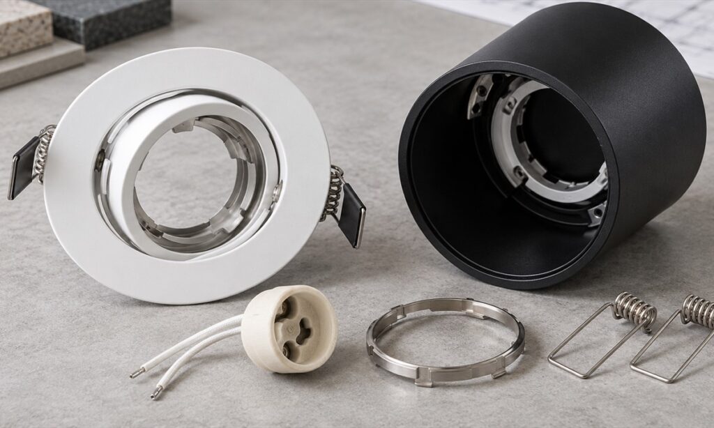 Empty unbranded spotlight housings, holder, retaining ring and spring clips arranged on a neutral work surface.
