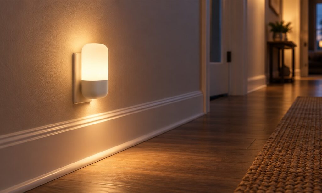 Generic plug-in night light illuminating a quiet hallway wall and floor at dusk.
