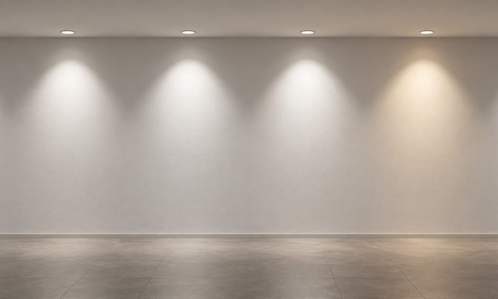Row of downlights on a neutral wall with one subtly warmer light pool, illustrating batch color mismatch risk.