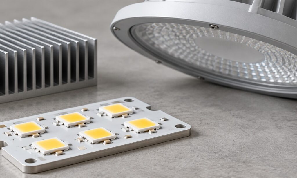 Unlit LED source board, heat sink and finished luminaire body shown as separate evidence layers.