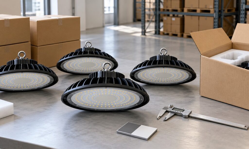 Unbranded LED high-bay fixtures staged with plain cartons and generic inspection tools.